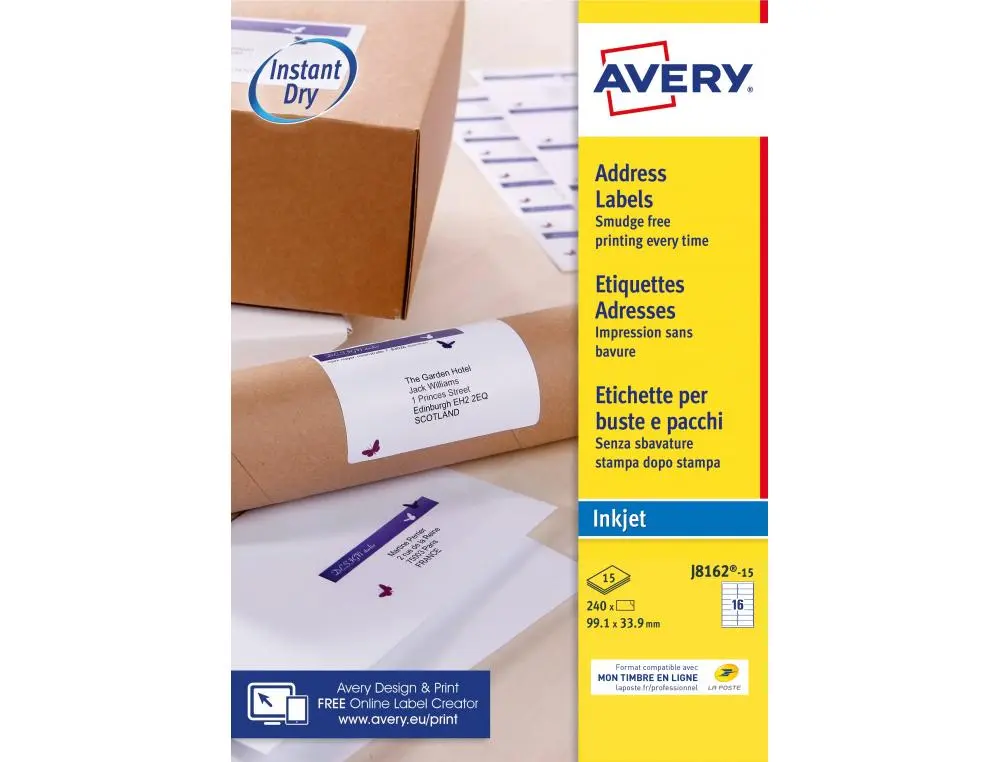 ETIQUET.JE 99.1X33.9 15F 240E ETIQUETTE IMPRESSION JET ENCRE - AVERY - 99.1X33.9MM - 15 FEUILLES
