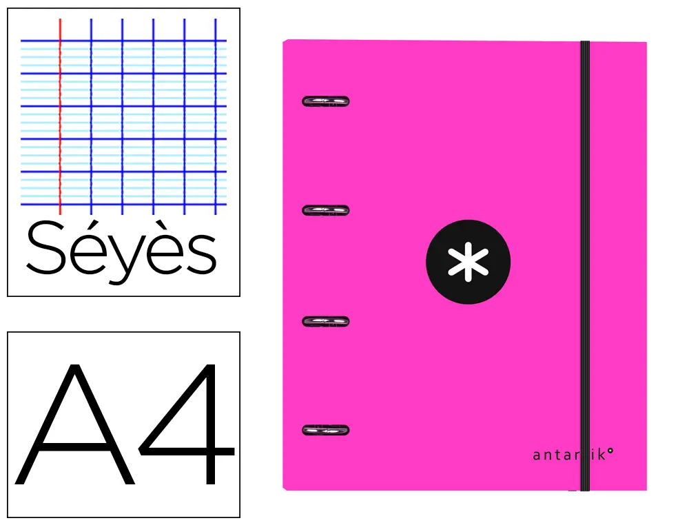 CLASSEUR ANTARTIK 4 ANNEAUX 25MM A4 CARTON REMBORDE FEUILLETS MOBILES SEYES COLORIS ROSE