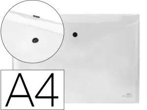 POCHETTE ENVELOPPE LIDERPAPEL POLYPROPYLÈNE 180 MICRONS A4 297X210MM 50F FERMETURE BOUTON RÉSISTANT TRANSPARENT