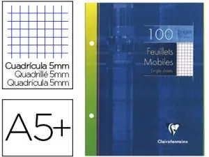 FEUILLET MOBILE CLAIREFONTAINE A5+ 170X220MM PAPIER VÉLIN VELOUTÉ 100 PAGES 90G 5X5MM PERFORÉ COLORIS BLANC