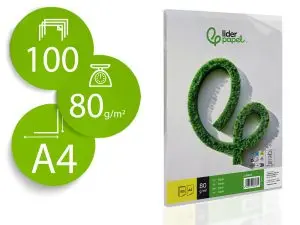 PAPIER ÉCRITURE LIDERPAPEL A4 210X297MM BLANCHEUR EXTRA OPACITÉ 80G/M2 PAQUET 100 FEUILLES