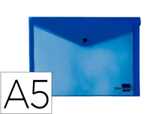 POCHETTE ENVELOPPE LIDERPAPEL POLYPROPYLÈNE 180 MICRONS A5 210X148MM 50F FERMETURE BOUTON RÉSISTANT TRANSPARENT BLEU