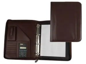 CONFÉRENCIER A4 CALCULATRICE PLASTIQUE FERMETURE ÉCLAIR POCHETTE TÉLÉPHONE PORTABLE 4 ANNEAUX 40MM 35,5X26X1CM MARRON