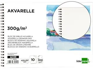BLOC DESSIN LIDERPAPEL AQUARELLE SPIRALE PAPIER GRAIN MOYEN LISSE 300G/M2 FORMAT A3 420X297MM 10F