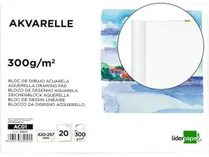 BLOC DESSIN LIDERPAPEL AQUARELLE ENCOLLÉ PAPIER GRAIN MOYEN LISSE 300G/M2 FORMAT A3 420X297MM 20F