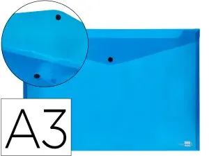 POCHETTE ENVELOPPE LIDERPAPEL POLYPROPYLÈNE 180 MICRONS A3 420X297MM 50F FERMETURE BOUTON RÉSISTANT TRANSPARENT BLEU