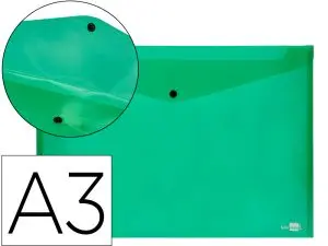 POCHETTE ENVELOPPE LIDERPAPEL POLYPROPYLÈNE 180 MICRONS A3 420X297MM 50F FERMETURE BOUTON RÉSISTANT TRANSPARENT VERT