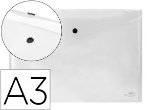 POCHETTE ENVELOPPE LIDERPAPEL POLYPROPYLÈNE 180 MICRONS A3 420X297MM 50F FERMETURE BOUTON RÉSISTANT TRANSPARENT