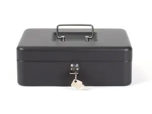 CAISSE MONNAIE Q-CONNECT STRUCTURE ACIER 0.8MM ÉPAISSEUR PLATEAU AMOVIBLE ESPACE BILLETS 250X180X90MM COLORIS NOIR