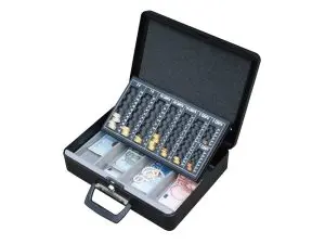 CAISSE MONNAIE Q-CONNECT STRUCTURE ACIER 0.8MM ÉPAISSEUR PLATEAU AMOVIBLE ESPACE BILLETS 370X110X290MM COLORIS NOIR