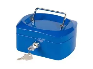 CAISSE MONNAIE Q-CONNECT STRUCTURE ACIER 0.8MM ÉPAISSEUR PLATEAU AMOVIBLE ESPACE BILLETS 152X80X115MM COLORIS BLEU