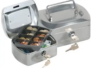 CAISSE MONNAIE Q-CONNECT STRUCTURE ACIER 0.8MM ÉPAISSEUR PLATEAU AMOVIBLE ESPACE BILLETS 152X80X115MM COLORIS ARGENT