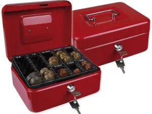 CAISSE MONNAIE Q-CONNECT STRUCTURE ACIER 0.8MM ÉPAISSEUR PLATEAU AMOVIBLE ESPACE BILLETS 200X160X90MM COLORIS ROUGE