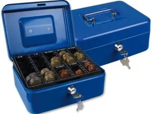 CAISSE MONNAIE Q-CONNECT STRUCTURE ACIER 0.8MM ÉPAISSEUR PLATEAU AMOVIBLE ESPACE BILLETS 200X160X90MM COLORIS BLEU