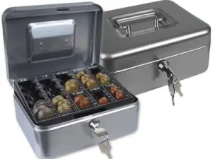 CAISSE MONNAIE Q-CONNECT STRUCTURE ACIER 0.8MM ÉPAISSEUR PLATEAU AMOVIBLE ESPACE BILLETS 200X160X90MM COLORIS ARGENT