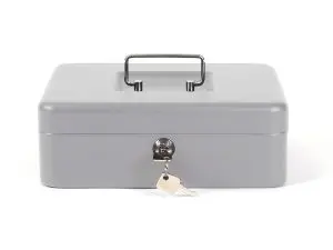 CAISSE MONNAIE Q-CONNECT STRUCTURE ACIER 0.8MM ÉPAISSEUR PLATEAU AMOVIBLE ESPACE BILLETS 250X180X90MM COLORIS ARGENT