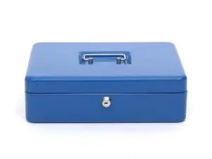 CAISSE MONNAIE Q-CONNECT STRUCTURE ACIER 0.8MM ÉPAISSEUR PLATEAU AMOVIBLE ESPACE BILLETS 300X240X90MM COLORIS BLEU