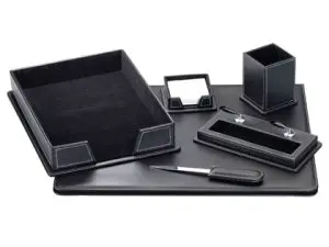 ENSEMBLE BUREAU 6 PIÈCES SIMILICUIR SOUS-MAIN OUVRE-LETTRES PORTE-NOTES CORBEILLE PORTE STYLO POT CRAYONS 40X50CM NOIR