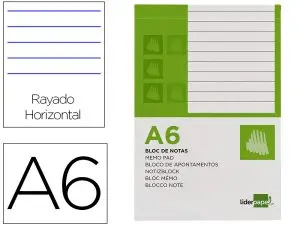 BLOC NOTES LIDERPAPEL PERFORÉ LIGNÉ A6 148X105MM PAYSAGE COUVERTURE CARTON IMPRIMÉ 250G/M2 80F 60G/M2