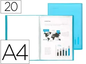 PROTÈGE-DOCUMENTS LIDERPAPEL POLYPROPYLÈNE COUVERTURE FLEXIBLE 20 POCHETTES FIXES COLORIS BLEU TRANSLUCIDE