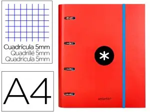 CLASSEUR ANTARTIK 4 ANNEAUX RONDS 40MM A4 CARTON REMBORDE FEUILLETS MOBILES QUADRILLAGE 5MM COLORIS ROUGE
