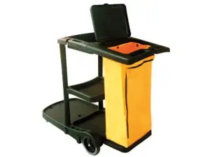 CHARIOT NETTOYAGE Q-CONNECT POLYPROPYLÈNE ROUES POCHE ZIP 2 ÉTAGÈRES PLATEFORME SUPPORT SEAU 58X24X96CM