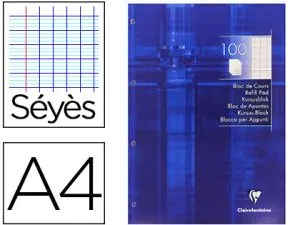 BLOC COURS CLAIREFONTAINE 200 PAGES ENCOLLÉES DÉTACHABLES PAPIER VÉLIN VELOUTÉ A4 210X297MM 90G SÉYÈS 4 TROUS